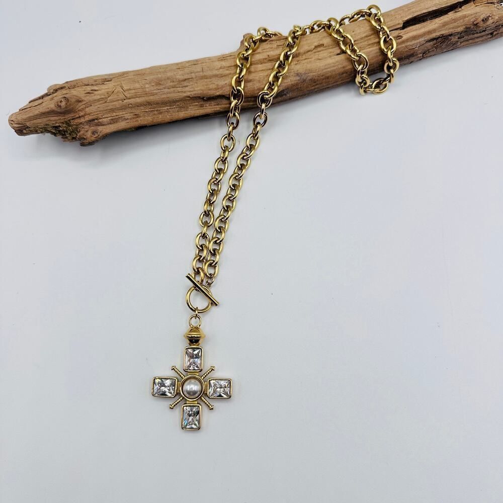 18K Gold Non-Tarnish Crystal Cross Necklace